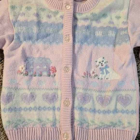 Vintage Pastel Knit Cardigan 3T – Cat & Cottage Design – Button Front – Girls... - Picture 2 of 4